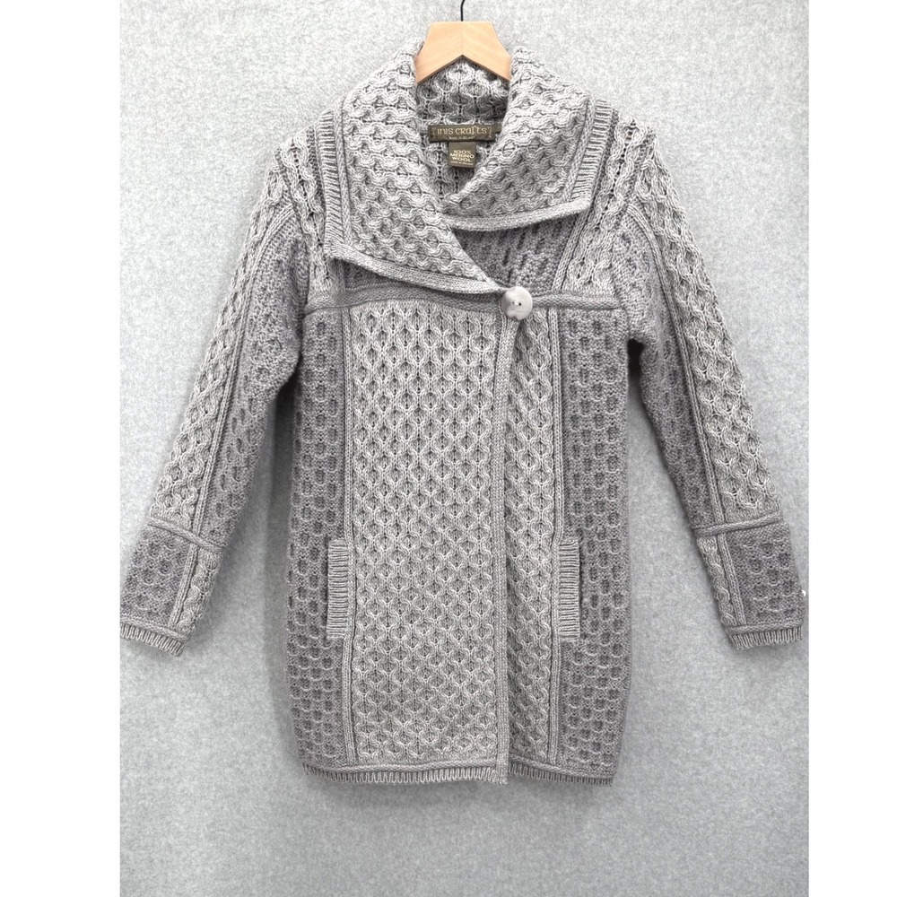 Inis Crafts Cardigan Sweater Womens Medium Gray Merino Wool Aran Knit Irish Coat